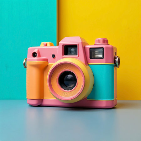 Vibrant retro-style camera in pastel pink, yellow, and turquoise colors placed on a clean minimal background. Perfect concept for creativity, photography, content creation, social media, and artistic lifestyle themes. Modern minimalistic design with playful color palette.の素材