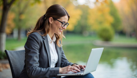 Freelancer Woman Working Outdoors on Laptopの素材