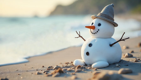 A snowman on a pristine beach ocean in backgroundの素材