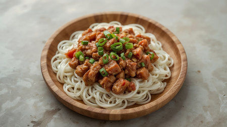 Minimalist Spaghetti Dish on Wooden Plate with Natural Lightの素材
