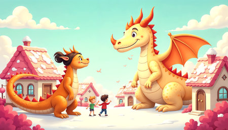 Giant toasted marshmallow dragon watching tiny children in a whimsical candy village with sugary rooftops.の素材