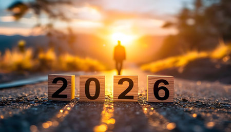 Inspirational, hopeful New Year concept with a bright glowing horizon and soft depth of field.の素材