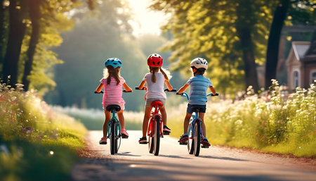 Back view of a happy children riding a bicycle outdoors in a park on a sunny day.の素材