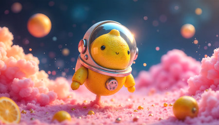 Surreal composition of a bright yellow lemon wearing a shiny astronaut helmet.の素材