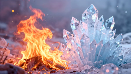 Split scene showing fire on one side and ice on the other, perfectly symmetrical composition.の素材