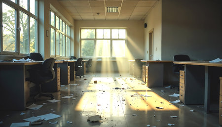 Abandoned Office Interior with Sunlight and Scattered Papers, Workplace Conceptの素材
