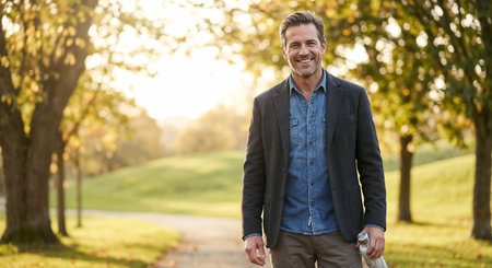 Smiling Confident Man Walking in Autumn Park, Lifestyle Portraitの素材