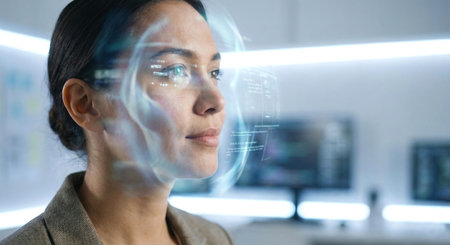 Woman Using Futuristic Augmented Reality Interface, AI and Digital Visualizationの素材