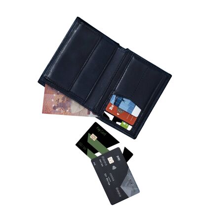 open blue leather wallet with cash dollars isolatedの写真素材