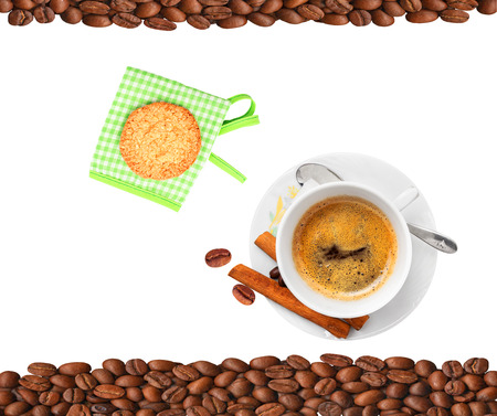Cup of coffee, coffee beans and cookies isolated on white backgroundの写真素材