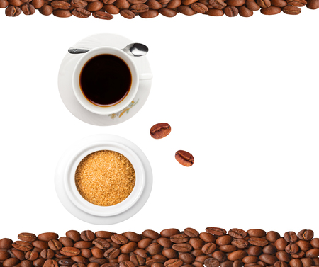 Cup of coffee, coffee beans and sugar isolated on white backgroundの写真素材