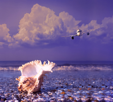 Travel concept with aircraft. Clouds and sea