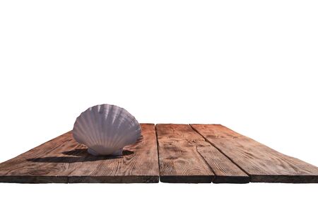 Beautiful Seashells on the old wooden table against the blue seaの写真素材