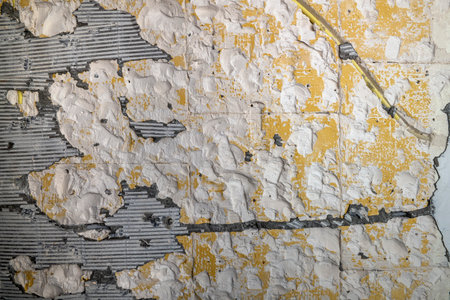 Architectural - abstract background. Old concrete wall with remnants of plaster and tile adhesive. Shabby old wall with damaged plasterの写真素材
