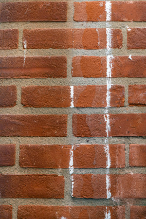 Texture of a red brick wall with cement masonry and white paint streaksの写真素材