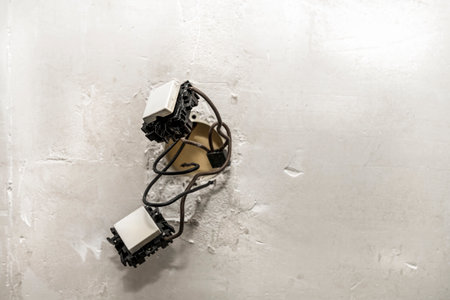 Old light switches on a shabby wallの写真素材