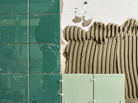 construction background. Tile adhesive is applied to the wall for laying ceramic tiles. Selective focus, lots of copy spaceの写真素材