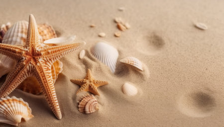 Sea shells with sand as background. seashells and starfish. view from above.の素材