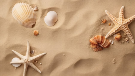 Sea shells with sand as background. seashells and starfish. view from above.の素材