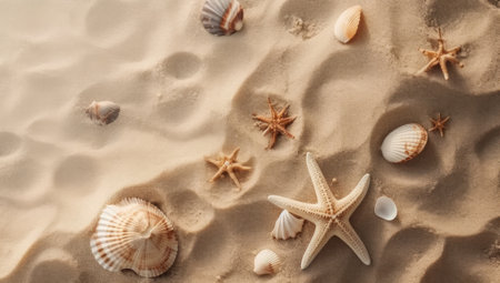 Sea shells with sand as background. seashells and starfish. view from above.の素材