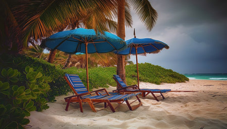 Beach chairs on white sand palm beach with cloudy blue sky and sunの素材