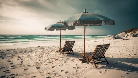 Beach chairs on white sand palm beach with cloudy blue sky and sunの素材