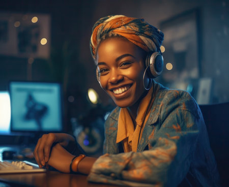 A positive young african american girl audio engineer sits in a music record studio with a computer on the table and works on a new projectの素材