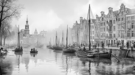 Old black and white photo of the Old Canal of Amsterdam with boats along the river bank. Nostalgic scenes, industrial city scenesの素材