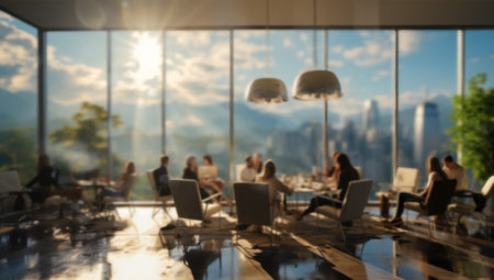 Defocusing the image. People sitting together in a modern office, drinking coffee and discussing a new projectの素材