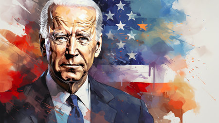 Portrait of a fictional emotional man similar to the US President Joseph Bidenの素材