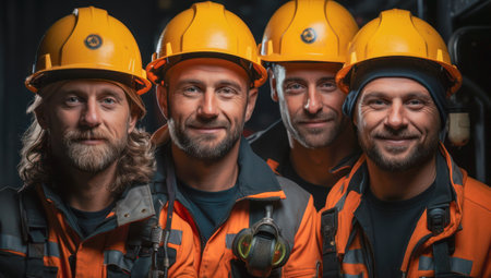 Smiling builders in work clothes and helmets on their heads look at the cameraの素材