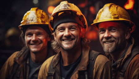 Smiling builders in work clothes and helmets on their heads look at the cameraの素材
