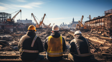 Rear view of a group of construction workers wearing hard hats on an outdoor construction site with construction cranes in the backgroundの素材