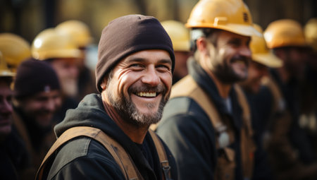 Rear view of a group of construction workers wearing hard hats on an outdoor construction site with construction cranes in the backgroundの素材