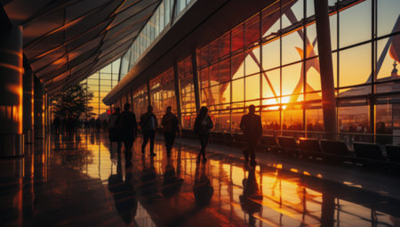 Blurred photo. A group of people walks through the airport. Travel conceptの素材