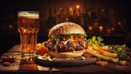 Fast food. Big burger with beef and glass of beerの素材