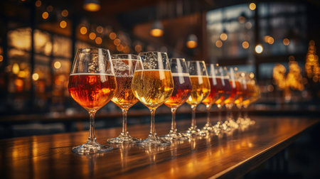 Tasting of various types of craft beer. Refreshing light alcoholic drink with white foamの素材