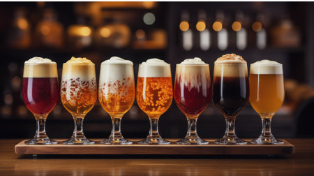 Tasting of various types of craft beer. Refreshing light alcoholic drink with white foamの素材