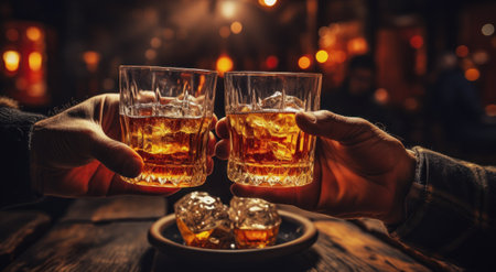 Two hands clink glasses of whiskey while sitting comfortably in the barの素材