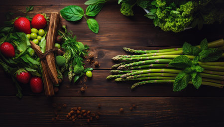 Top view of fresh asparagus and organic vegetables on a rustic old wooden table. Vegan food concept.の素材