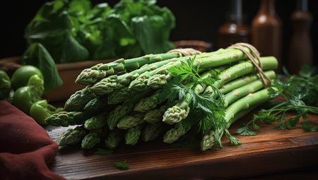 Fresh green asparagus and organic vegetables on a rustic old wooden table. Vegan food concept. Green vegetables..の素材