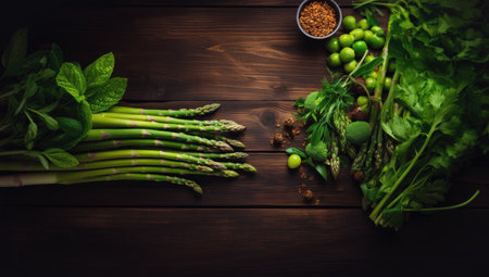 Top view of fresh asparagus and organic vegetables on a rustic old wooden table. Vegan food concept.の素材