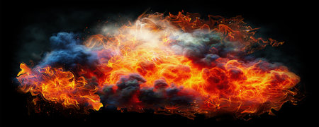 Flames and smoke. Fiery explosion with smoke isolated on transparent background, PNG