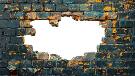 Hole in the wall of bricks against a white background. Shabby Building Facadeの写真素材