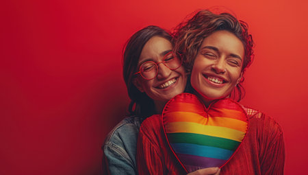 Valentines Day. Happy girls couple kissing and holding rainbow heart on red background. Love concept.の素材