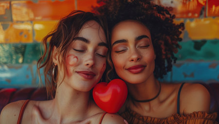 Valentines Day. Happy girls couple kissing and holding rainbow heart on red background. Love concept.の素材