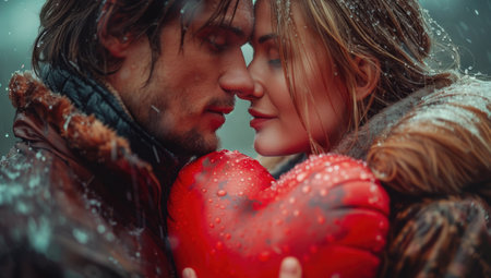 Valentine's Day. Happy couple kissing and holding heart on red background. Love concept.の素材