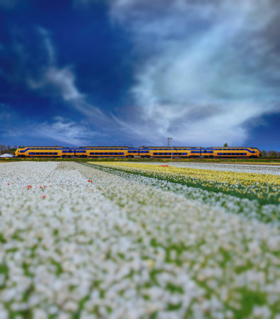 A train passes by blooming fields in the Netherlands. Beautiful tulip fields in spring