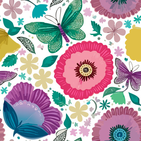 Bright seamless floral pattern with colorful flowers and multi-colored butterflies on a transparent background for textiles and decor.の素材