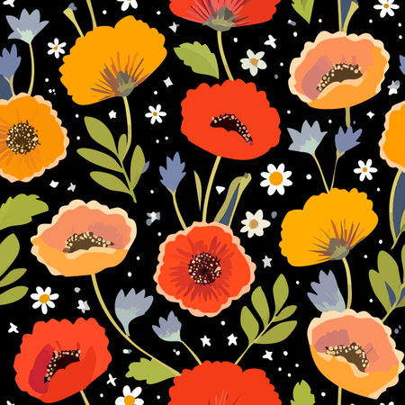 Bright seamless floral pattern with colorful flowers and multi-colored butterflies on a transparent background for textiles and decor.の素材